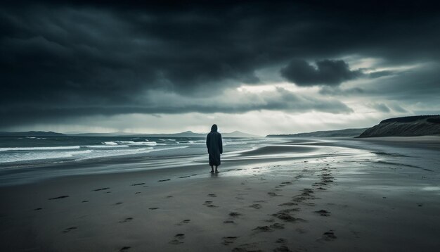 One person walking on the coastline enjoying solitude and tranquility generated by AI