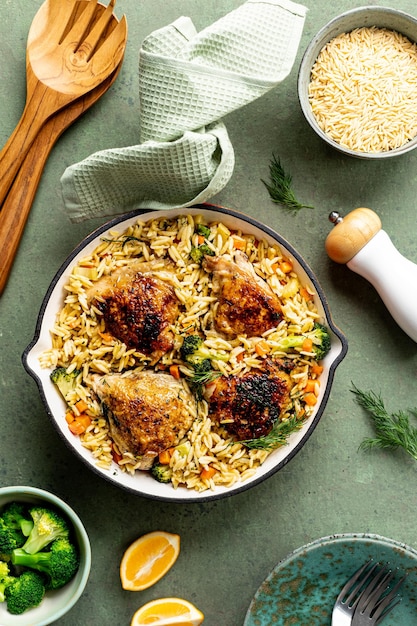 Free Photo one pot chicken and orzo skillet