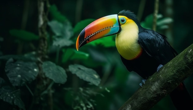 One toucan perched on branch in forest generated by AI