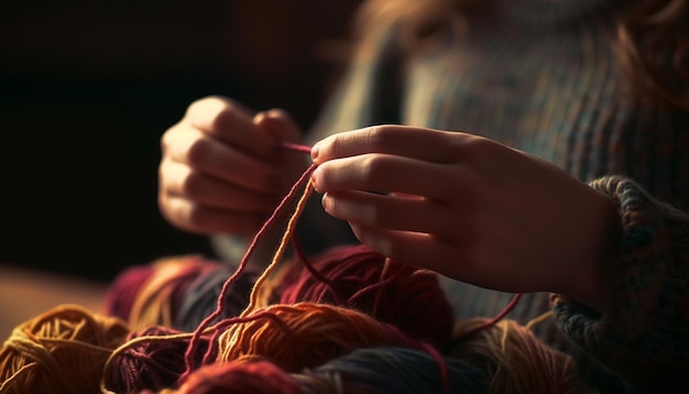 Free photo one woman knitting a wool sweater generated by ai