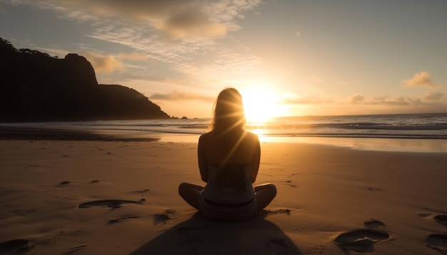 One woman meditates backlit by tranquil sunrise generated by AI