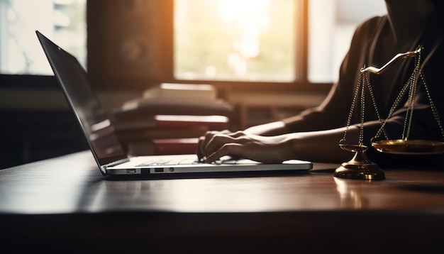 Free photo one woman typing on laptop in office generated by ai