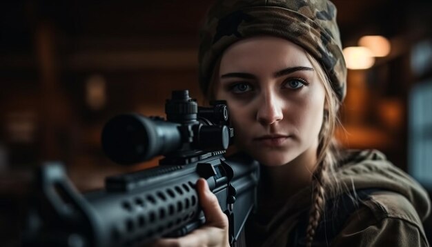 One young woman aiming rifle outdoors with determination generated by AI