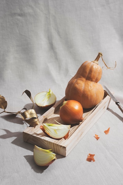 Free photo onions and pumpkin arrangement high angle