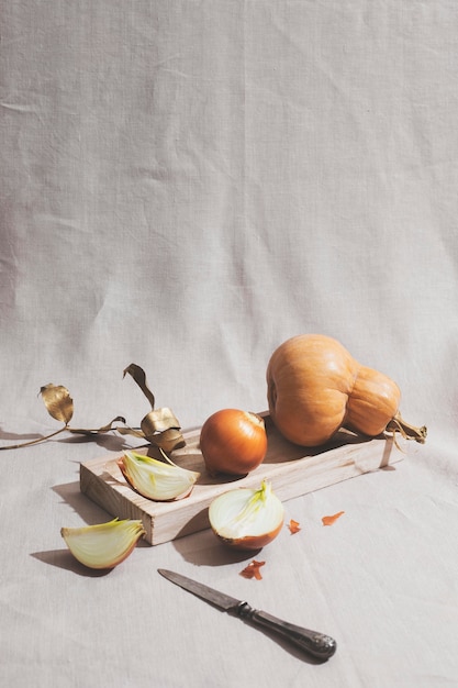 Free Photo onions and pumpkin arrangement