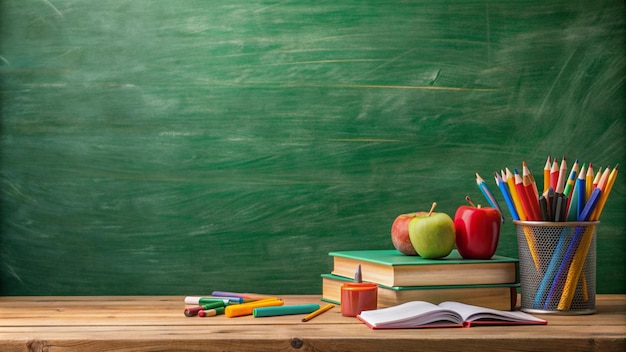 Open Book and Supplies on Wooden Desk with Green Chalkboard Background