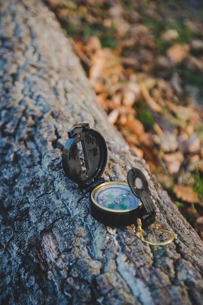 Free photo open compass on a fallen log