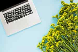 Free photo a open laptop and yellow flowers on blue background