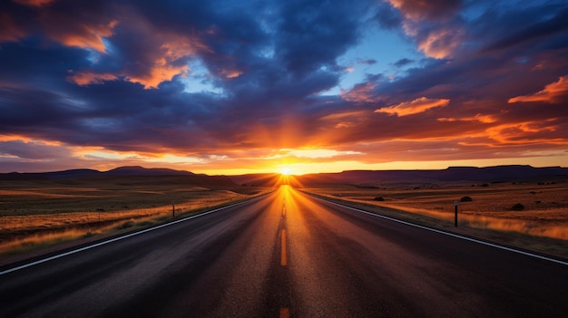 Free photo open road stretches towards dramatic sunset