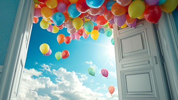 An open wooden door through which balloons come out