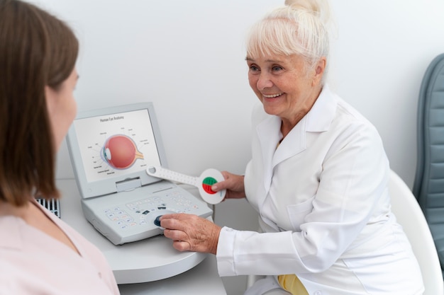 Free Photo ophthalmologist checking a patient in her clinic