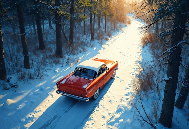 An orange car is driving down a snowy road