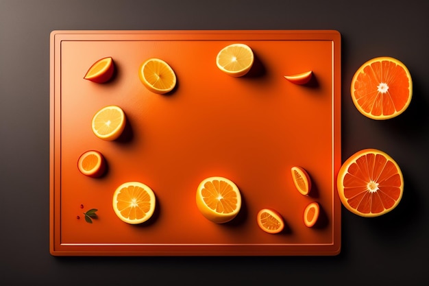 An orange cutting board with oranges and a bunch of oranges on it