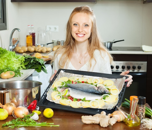 Ordinary housewife cooking fish  in sheet pan