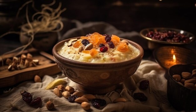 Organic berry granola bowl with almond milk generated by AI