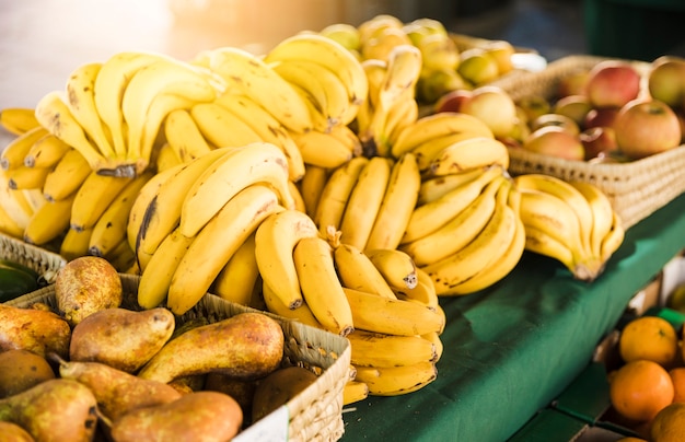 Organic fresh fruits on table for sale at supermarket