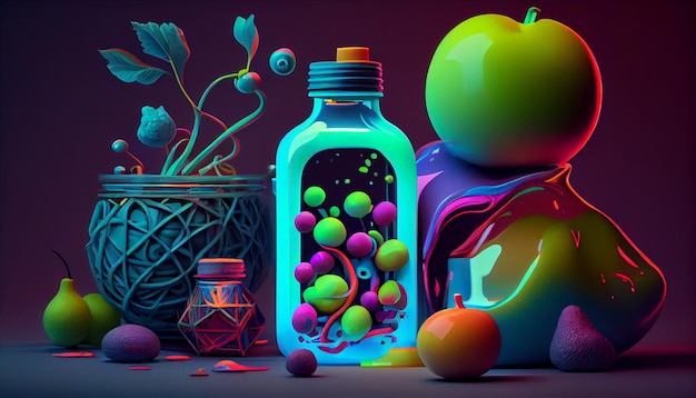 Free photo organic fruit filled bottle with multi colored decoration generative ai