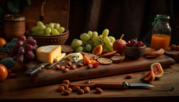 Organic grape and cheese on wooden platter generated by AI