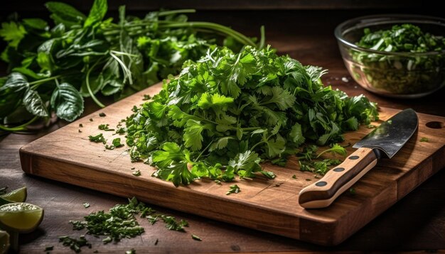 Organic herb cuts on rustic wooden board generated by AI