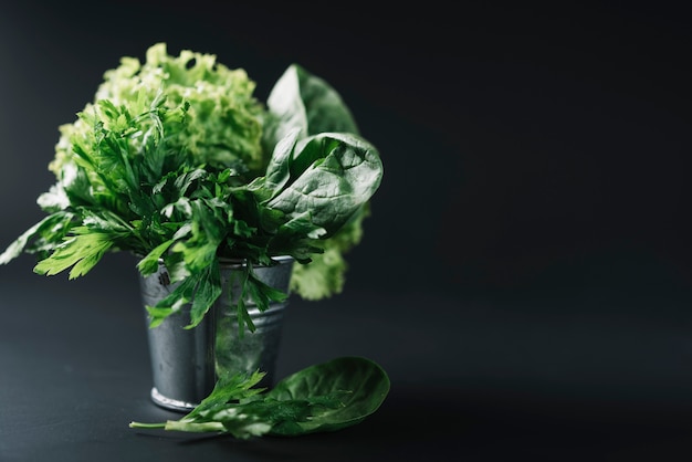 Free photo organic leafy vegetables in bucket on black background