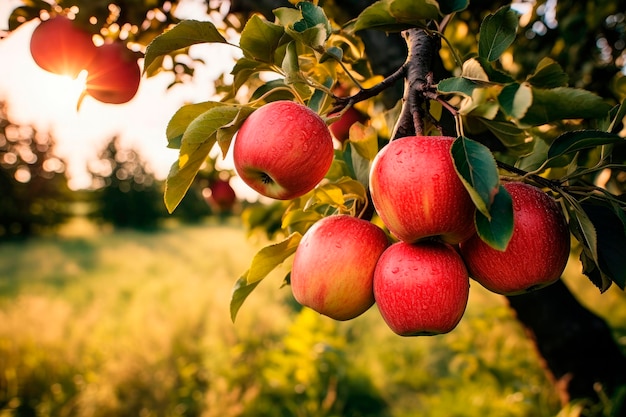 Free photo organic red apple hanging from a tree branch in an orchard background copy space