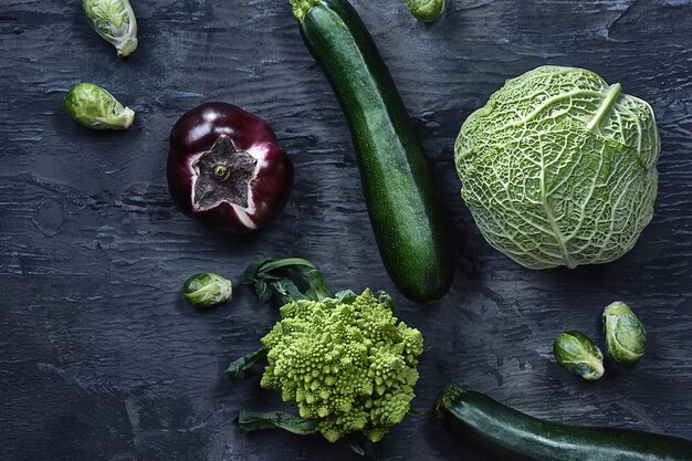 Organic vegetables on wooden table. Top view