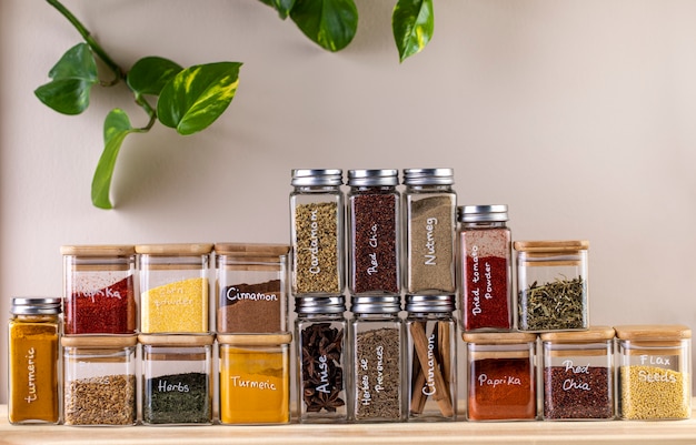 Free photo organised and filled spice jars