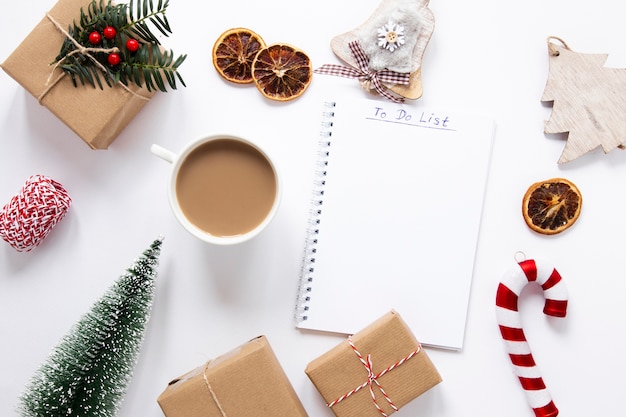 Organized table with notebook and decorations