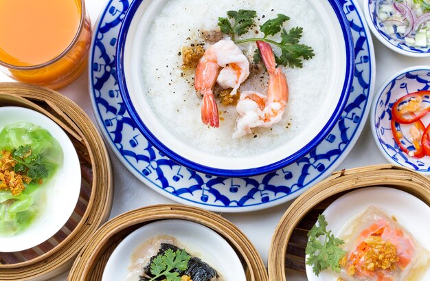 Oriental breakfast set with Congee and Dim sum set.