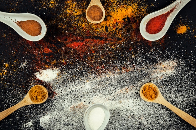 Free photo oriental spices on six spoons