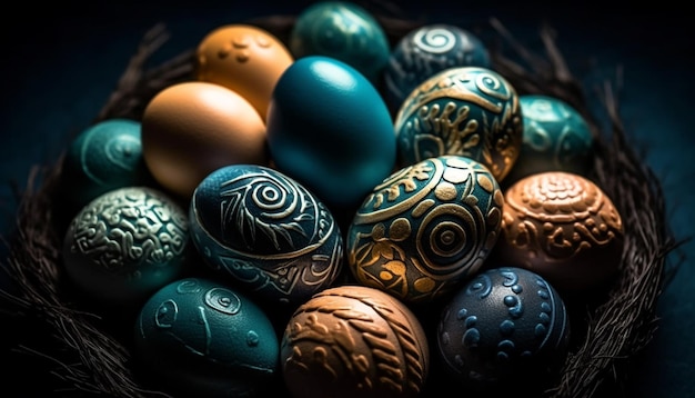 Ornate chocolate eggs decorate traditional Christian celebration generated by AI