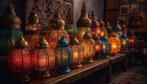 Ornate lanterns illuminate Turkish spirituality indoors at night generated by AI