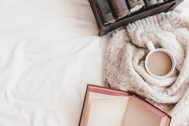 otebook and box with books near hot drink in plaid