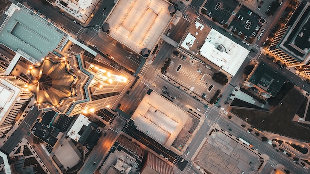 Overhead aerial shot of modern architecture with skyscrapers in an urban city