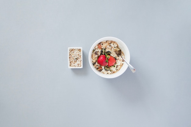 Overhead shot of breakfast muesli bowl