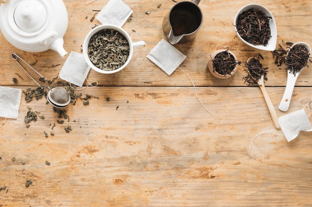 Free Photo overhead view of dry tea leaves; teapot; tea strainer; teabag and spoon on wooden table