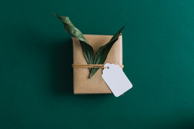 Free Photo an overhead view of gift box with blank tag and leaves on green background