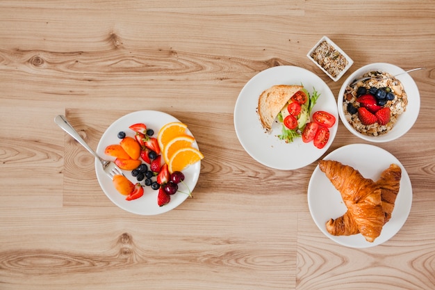 Overhead view of healthy breakfast ingredients