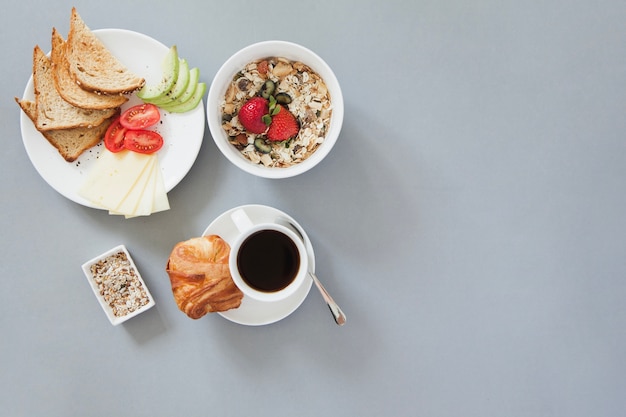 Free photo overhead view of healthy breakfast with coffee