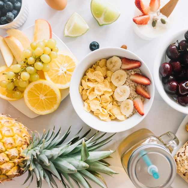 An overhead view of healthy food on table