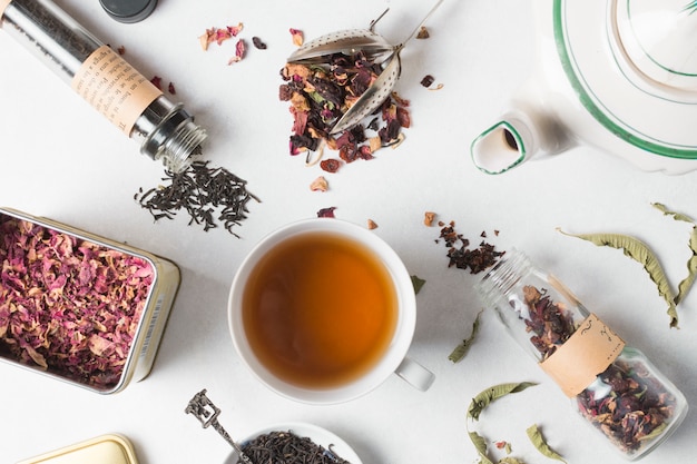 Free Photo an overhead view of herbal tea with different types of herbs on white backdrop