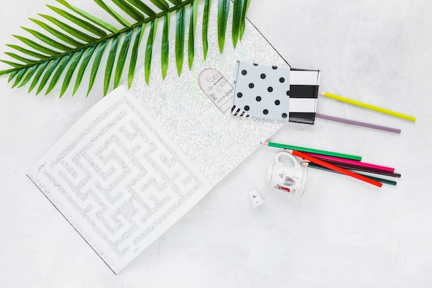 Overhead view of maze with wallet, leaf, colored pencil and cup