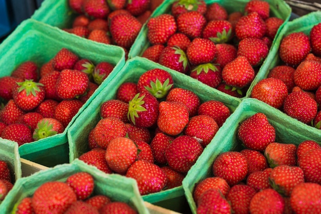 Free photo an overhead view of red juicy strawberries in the green case