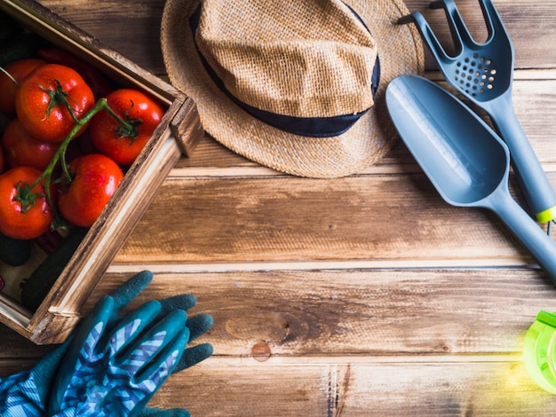 Free photo overhead view of tomatoes in wooden crate with hat and gardening equipments