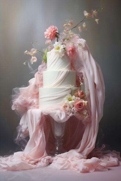 Overloaded cake with cloth and flowers