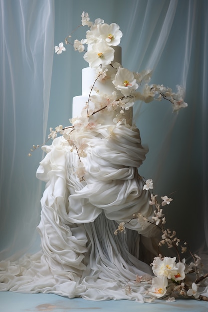 Free Photo overloaded cake with cloth and flowers