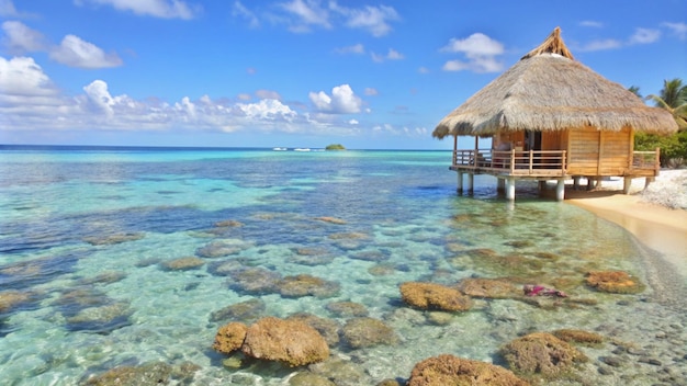 Free Photo overwater bungalow on tropical beach with clear blue water