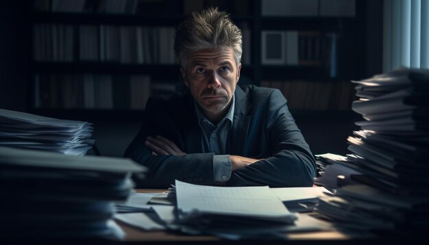 Overworked businessman sitting at desk emotional stress generated by AI