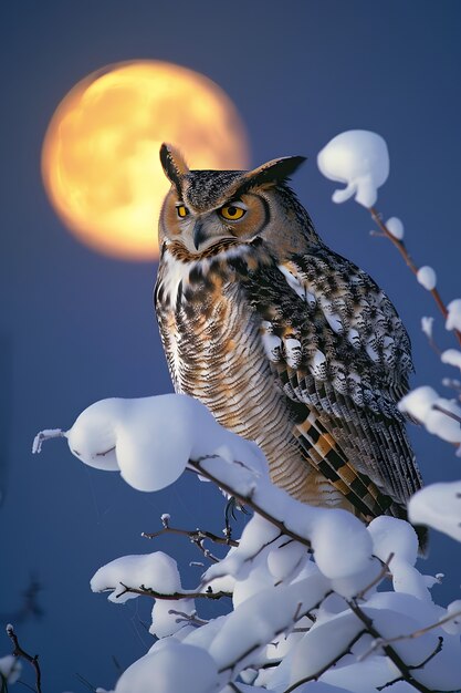 Owl outdoors in cold nature with dreamy aesthetic