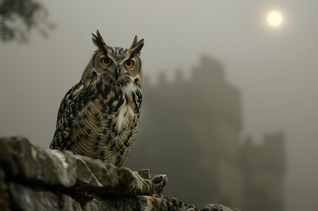 Free photo owl outdoors in cold nature with dreamy aesthetic